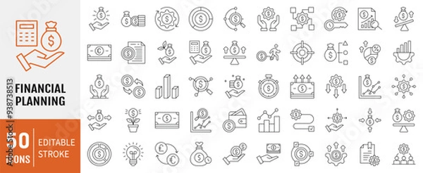 Fototapeta Financial planning line icon collection set. Containing retirement, accounting, implementation, structure, insurance, tax receipt icon. Vector Illustration.