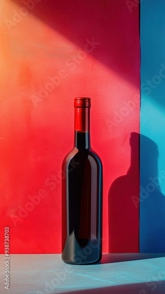 Fototapeta A bottle of wine is placed against a striking background split into deep red and blue hues, with dramatic lighting casting shadows.