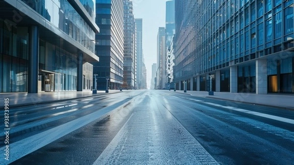 Obraz Low angle view of empty city street with white road markings and tall buildings showcasing urban infrastructure and modern architecture