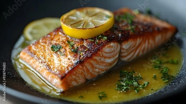 Fototapeta Juicy salmon fillet with a crispy skin, served with a lemon butter sauce, light and flavorful