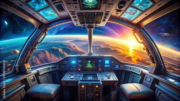 Fototapeta Vibrant view of spaceship cockpit flying through space, spaceship, cockpit, soaring, space, stars, universe, galaxy