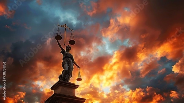 Obraz Silhouette of the Lady Justice statue against a dramatic sunset sky with vibrant orange and red clouds. The image embodies the concept of justice and law.