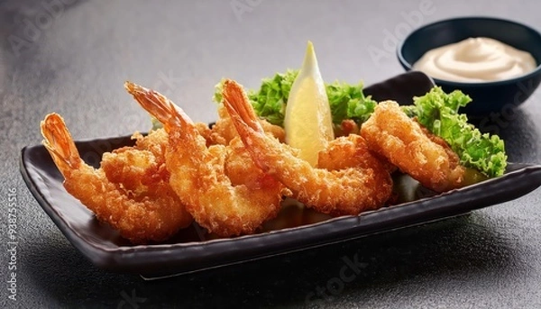 Fototapeta Succulent shrimp encased in a crispy panko breadcrumb coating. Deep-fried to achieve a satisfying crunch with every bite. Served with a zesty dipping sauce for added flavor.
