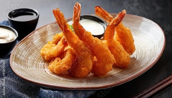 Fototapeta Salt and pepper shrimp with a crispy shell-on texture. Lightly dusted with seasoned flour and flash-fried. The edible shell adds extra crunch and flavor.
