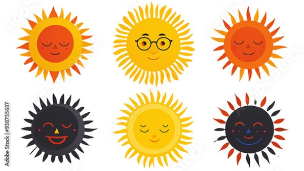 Fototapeta Set Of Six deffirent design sun isolate on transparency background PNG In The Line....
