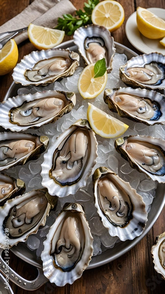 Obraz Juicy fresh oysters on the half shell, served with a squeeze of lemon, cold and refreshing.
