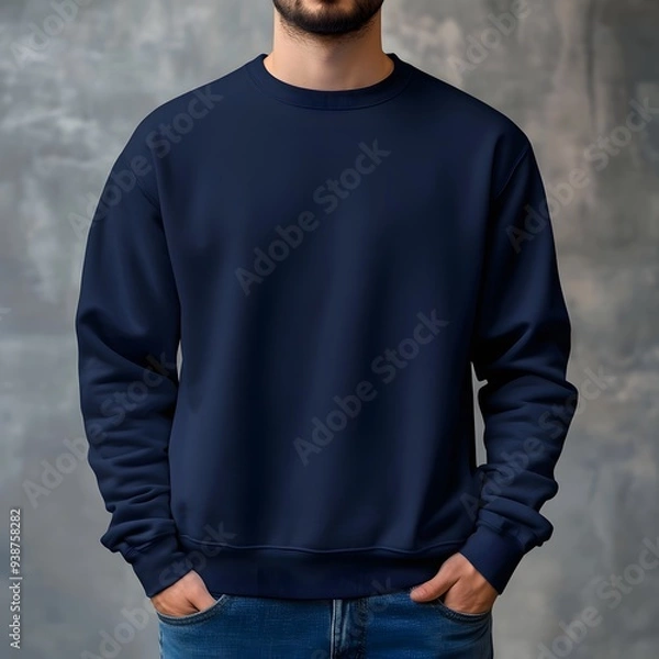 Fototapeta A young man is wearing a plain navy blue sweatshirt mockup, standing confidently against a textured gray background. 