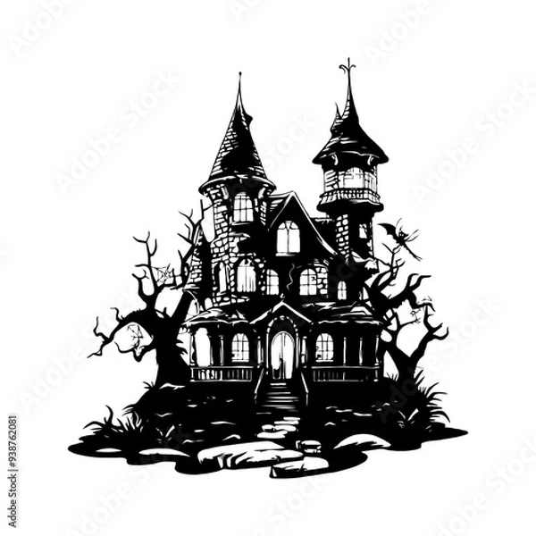 Fototapeta Silhouette Halloween house with bats flying around it and a pumpkin on the ground isolated on white background.