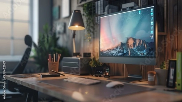 Fototapeta Design a scene of a computer workstation featuring a large monitor and a wireless keyboard.