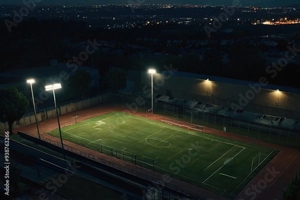 Fototapeta Aerial shot of an empty sport field at night in a dark yard with long shadows. One street lamp.