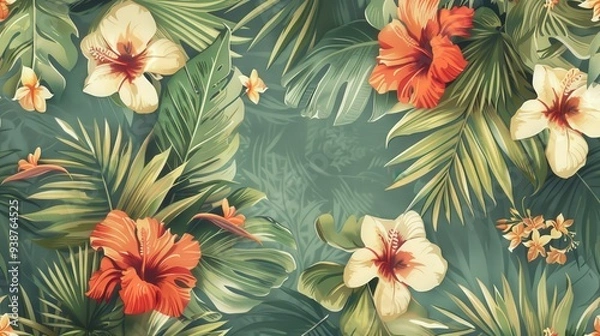 Fototapeta a tropical pattern with a retro vibe, featuring vintage-style tropical flowers and palm fronds