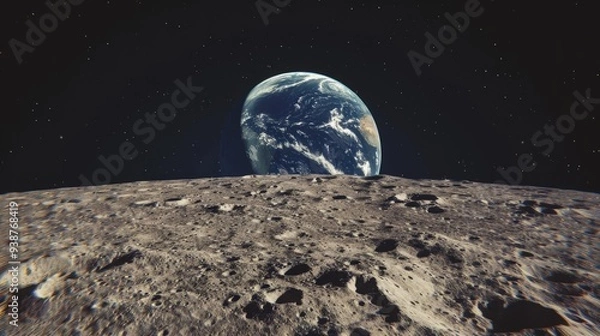 Fototapeta an image of the horizon as seen from the Moon, with the planet appearing as a vivid, colorful orb against the stark lunar surface.