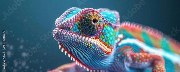 Fototapeta Close-up of a chameleon's eye with vibrant blue and green scales.