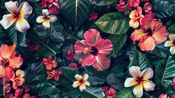 Fototapeta tropical pattern with a focus on tropical flowers like hibiscus and plumeria