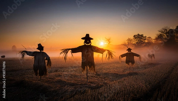 Fototapeta Silhouettes of scarecrows at sunset in a misty field, creating a chilling scene as if they are coming to life.