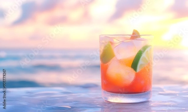 Fototapeta Colorful tropical cocktail with ice and fruit on the beach at sunset, Generative AI