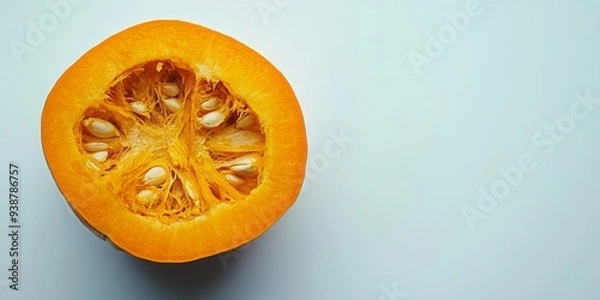 Obraz Top view of a pumpkin cut in half on a white background.