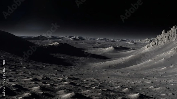 Fototapeta A detailed view of the moon's barren, cratered surface under the pitch-black sky of space. The lunar landscape reveals rugged terrain with hills and craters, evoking a sense of isolation and mystery.