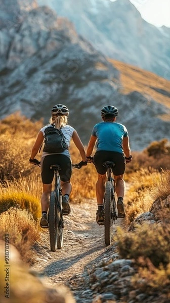 Fototapeta Cyclists on a Scenic Mountain Trail