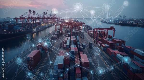 Fototapeta A global supply chain network visualized through GenAI algorithms optimizing routes, predicting demand, and ensuring sustainability, resulting in cost savings and reduced environmental impact