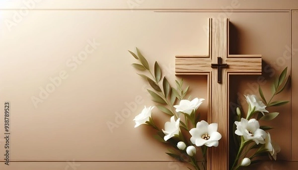 Obraz wooden cross with white flowers simple and elegant funeral invitation template with space for text