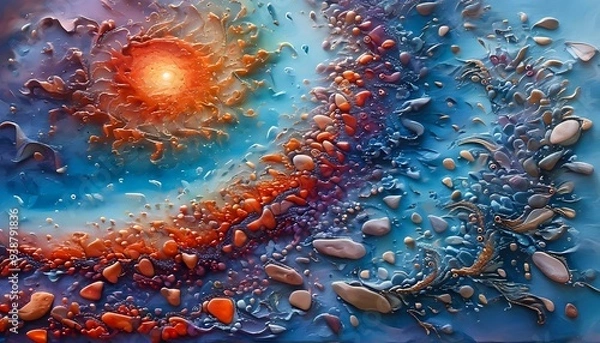 Fototapeta An abstract resin art depicting a cosmic ocean scene with a bright orange sun, blue and red nebulae, swirling patterns, and pearlescent stones.