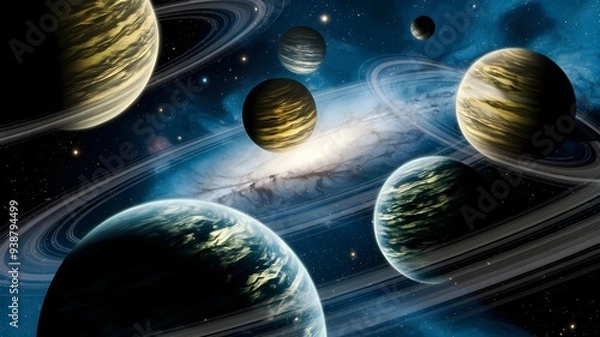 Obraz 3D representation of delightful vast scene with planets. Great computerized space craftsmanship in 5K - realistic visualization