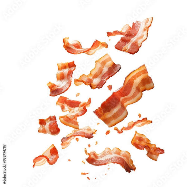 Fototapeta Falling pieces of bacon isolated on a transparent background