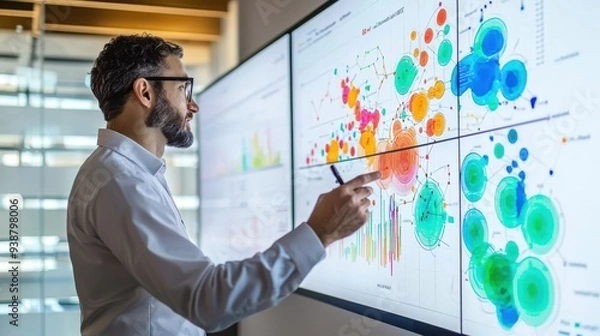 Obraz A data scientist presenting findings on a large screen, with colorful data visualizations and machine learning models, set in a collaborative workspace where technology and teamwork drive innovation