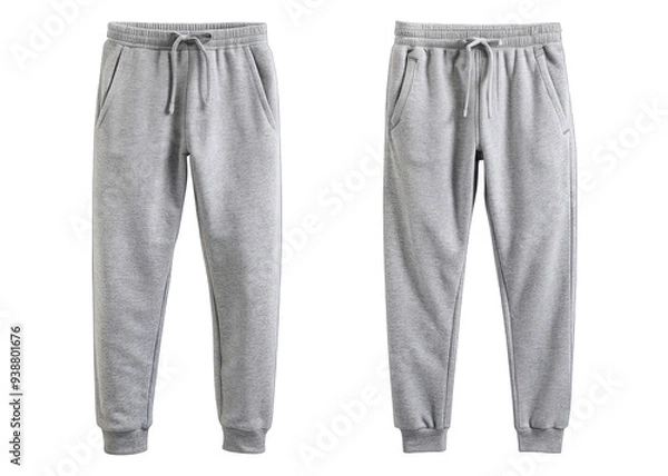 Fototapeta A pair of grey sweatpants with a drawstring waist and pockets is shown from the front and back on a white background