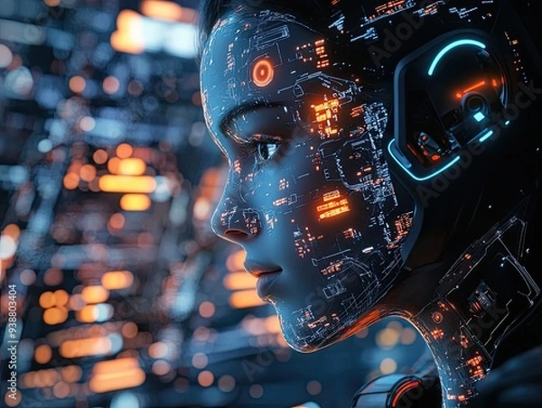 Fototapeta Cybernetics robot interaction between humans and machines.