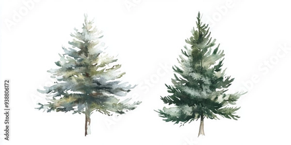 Fototapeta Two trees are painted in watercolor, one is green and the other is white