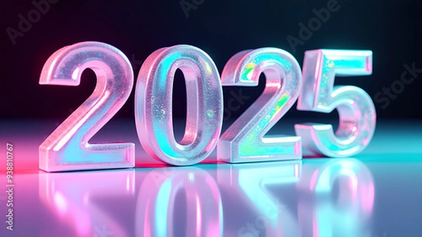 Fototapeta Shiny glass numbers "2025" with a holographic effect