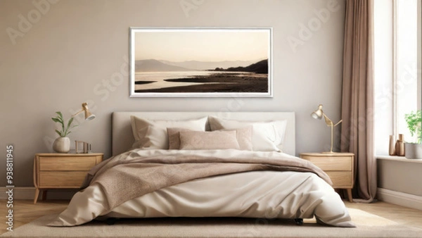 Fototapeta cozy bedroom interior featuring a landscape frame on the wall above the bed, creating a serene and stylish focal point