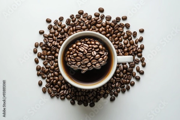 Obraz A cozy cup of coffee surrounded by roasted beans, perfect for a warm morning or relaxing afternoon. Ideal for coffee lovers.