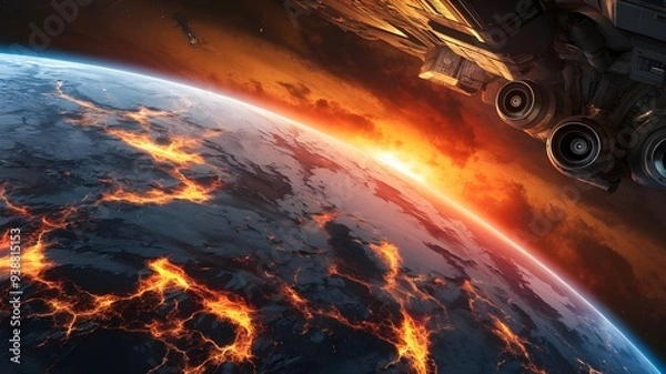 Fototapeta 3D outline of The last seconds of the planet Earth passing on in fire, fire and magma across the whole surface. Top notch advanced space workmanship in 5K - realistic visualization.