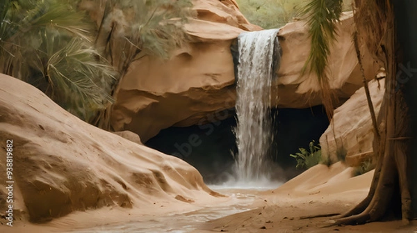 Fototapeta a waterfall coming out of a cave in the desert