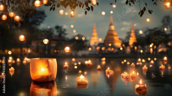 Fototapeta A lit candle floating in a body of water with a city in the background