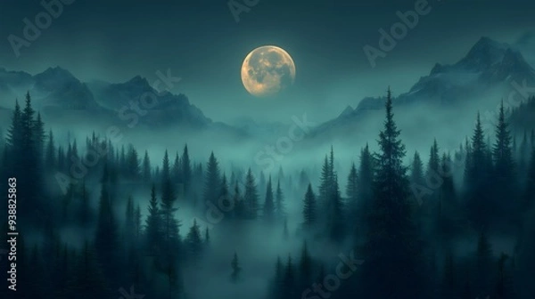 Obraz Full Moon Over a Misty Mountain Forest Dark Fantasy Sci-Fi Digital Art