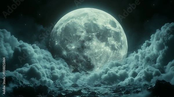 Obraz Mystic Moon Rising Through Dense Clouds in a Lunar Landscape Sci-Fi Fantasy Digital Art