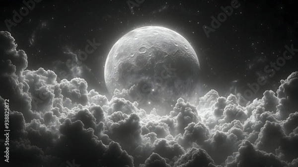 Obraz Full Moon Above a Sea of Glowing Clouds Black and White Sci-Fi Digital Art