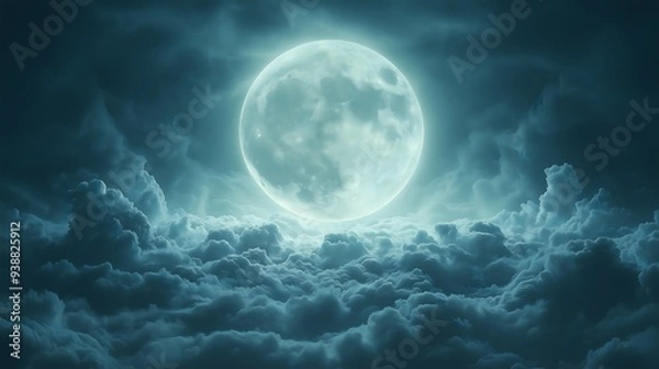 Obraz Glowing Full Moon Rising Above a Sea of Clouds Creating a Serene and Mystical Night Sky Perfect for Dreamy Atmospheric Photography and Nature Lovers