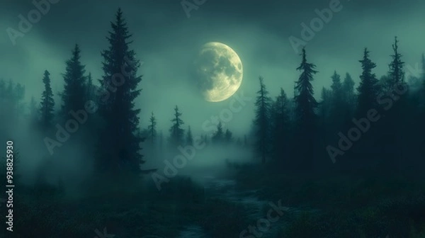 Obraz Mysterious Full Moon Rising Over a Foggy Forest Dark Fantasy Sci-Fi Digital Art