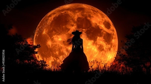 Obraz Dramatic Silhouette of a Mysterious Witch Standing Before a Fiery Full Moon Creating a Powerful and Enigmatic Scene Perfect for Fantasy and Halloween-Themed Photography