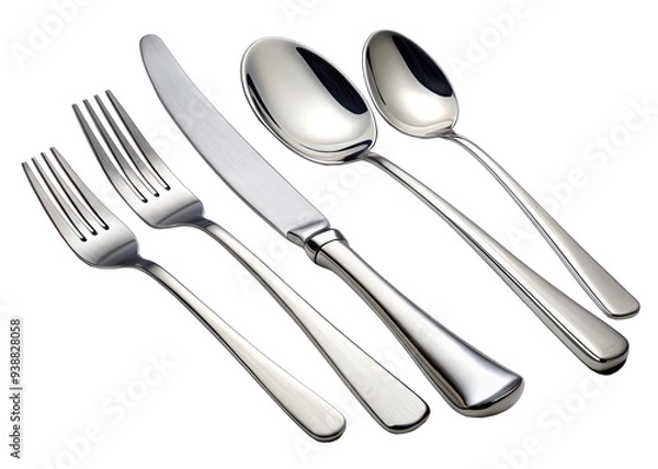 Fototapeta A set of shiny stainless steel cutlery, including a butter knife, two forks, and two spoons, is arranged on a white background. The cutlery is polished and reflects light, creating a sparkling effect.
