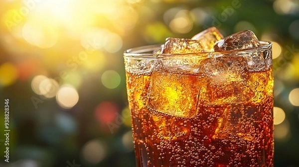 Fototapeta A glass of sparkling soft drink with ice cubes floating, close-up view capturing the fizz and coolness on a sunny day