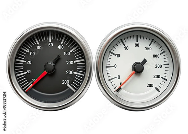 Fototapeta Two round speedometers with silver bezels are shown against a white background. The left speedometer has a black face with white markings and a red needle pointing to the right.