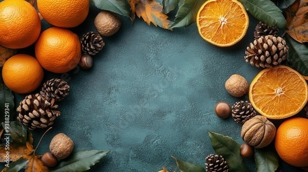 Fototapeta Autumn frame with dried oranges, fallen oak leaves, acorns, and walnuts on a vintage green background. Thanksgiving card mockup, flat lay top view, with copy space.