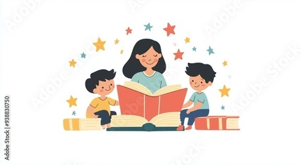 Fototapeta Flat design illustration of a teacher reading to children, woman sitting on the floor with books and kids, surrounded by scattered books and floating yellow stars, magical and educational