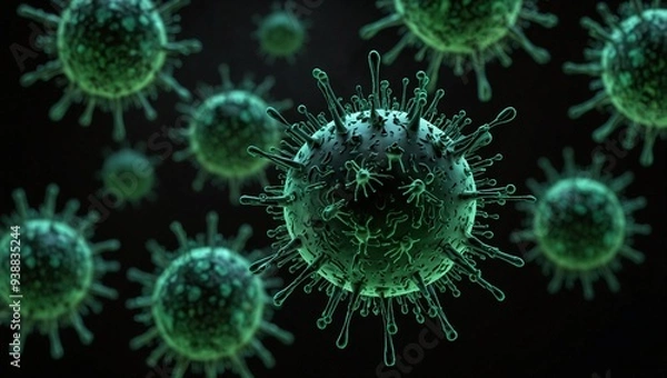 Fototapeta illustration photo of green bacteria virus on black background made by AI generative